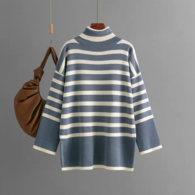 Striped Turtleneck Sweater Women's Loose Design Blue - Shop at LoveMi
