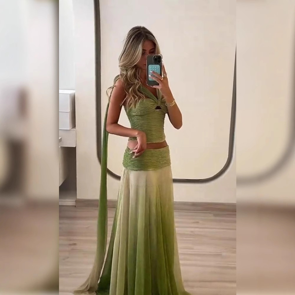 Gradient Printing Pleated Halter Lace-up Waist-tight Short Top Skirt