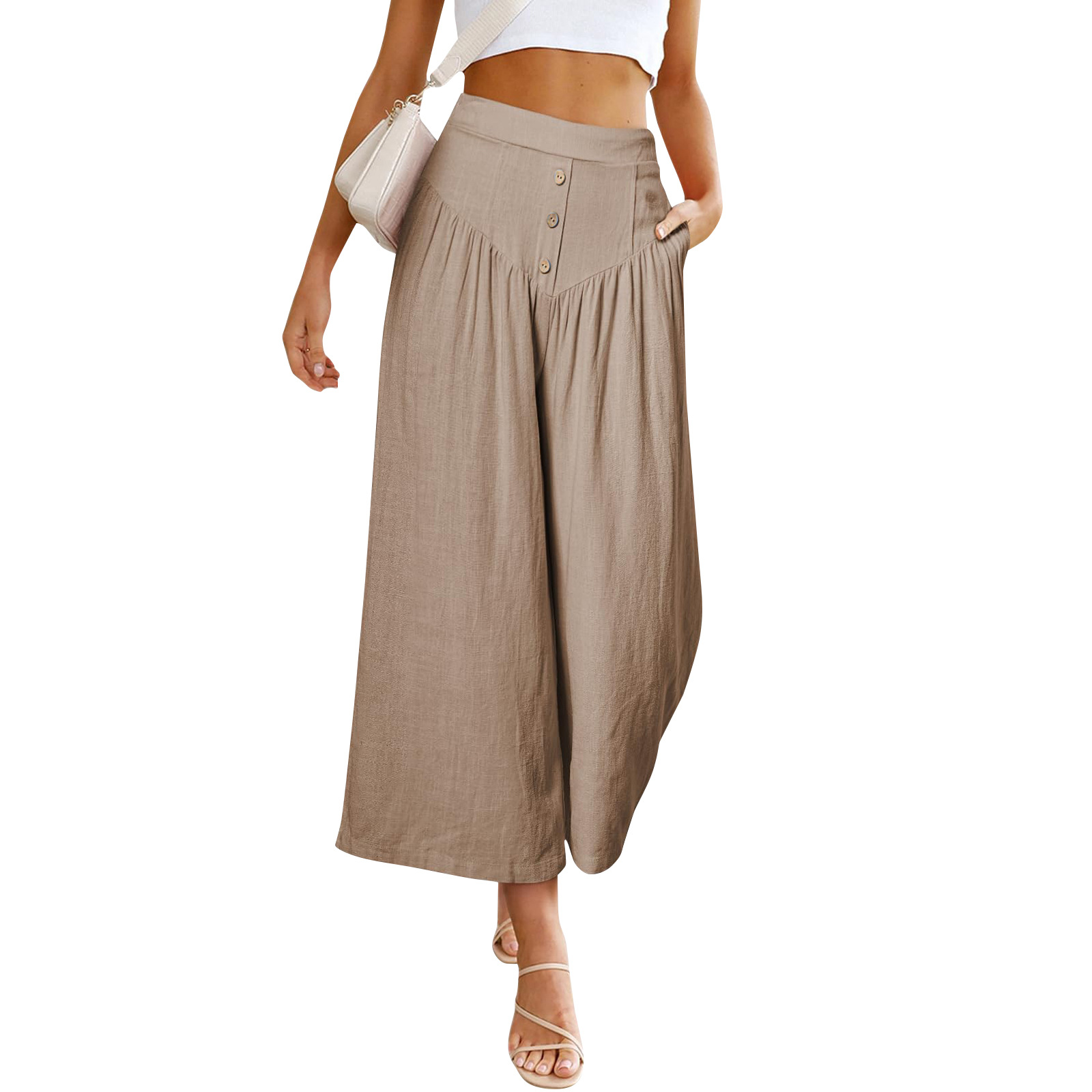 European And American Lazy Relaxed Casual Wide Leg High Waist Women's Cropped Pants Camel - Shop at LoveMi