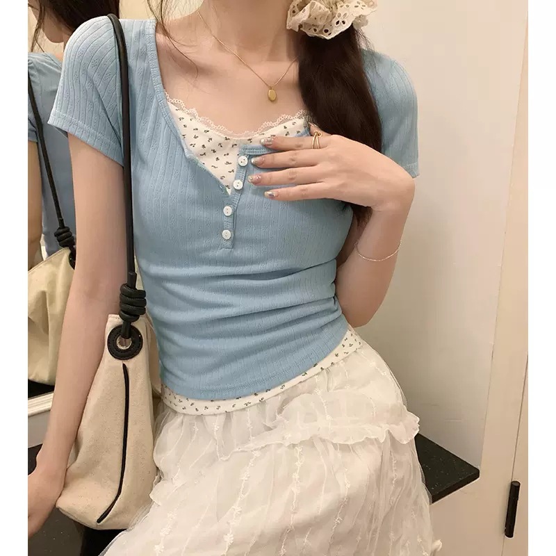 Women's Stitching Floral Short-sleeved T-shirt