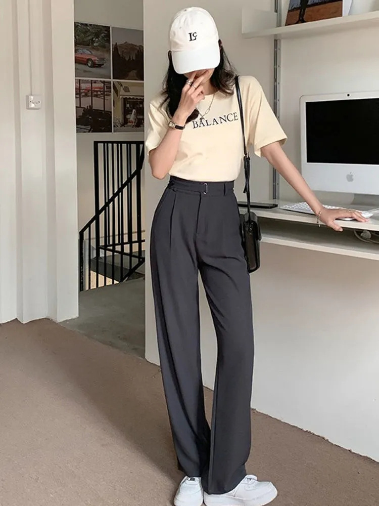 Summer Gray Small Suit Pants Women's Ice Silk High Waist Straight Narrow Wide-leg Pants