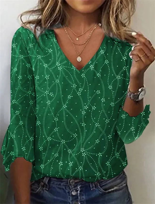 Elegant Style Bell Sleeve V neck Knitted Women's Blouse Green - Shop at LoveMi