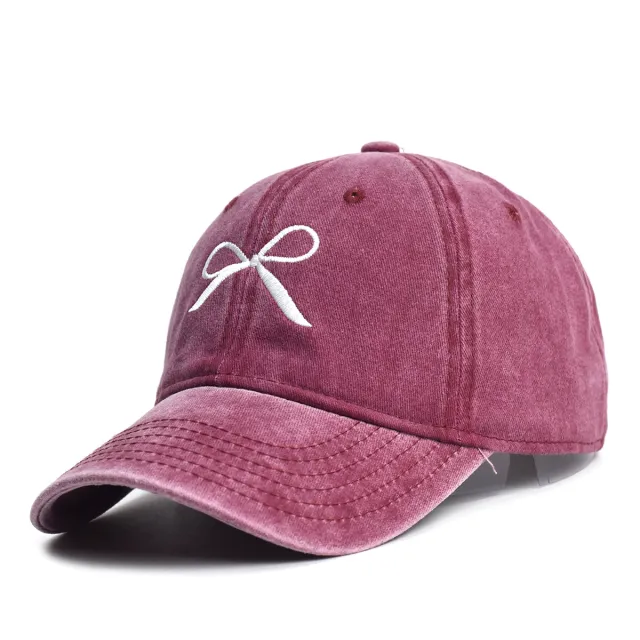 Retro Washed Distressed Bowknot Embroidered Baseball Cap For Women Red - Shop at LoveMi