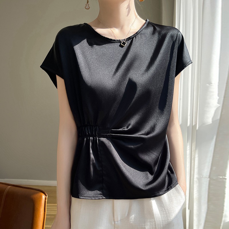 Crew-neck Simple All-match Drawstring Short-length Short-sleeve T-shirt