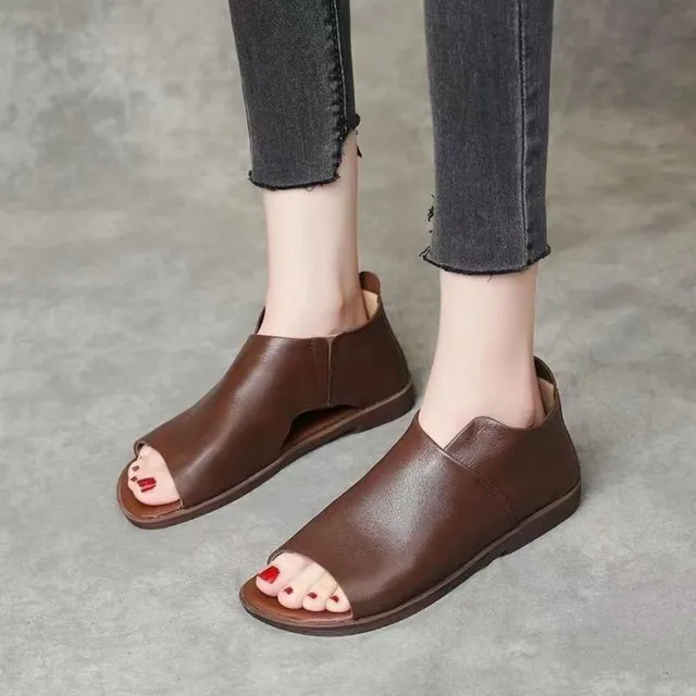 New Handmade Flat Soft Leather Soft Bottom Cover Heel Roman Shoes Brown - Shop at LoveMi