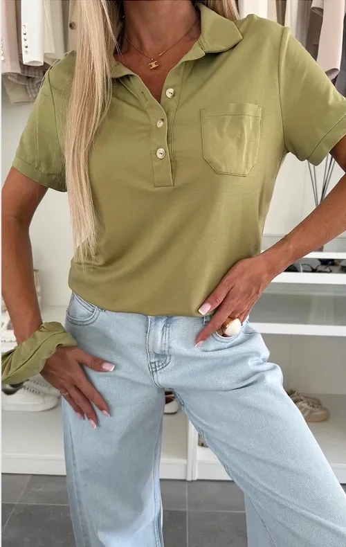 Women's Polo Collar Solid Color Pocket Short Sleeve T shirt Army Green - Shop at LoveMi