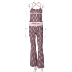 Lady's Polka Dot Low-waist Vest Colour-blocking Pants - Pink - View 1