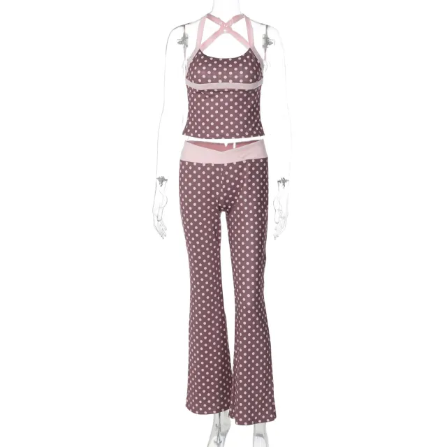 Lady's Polka Dot Low waist Vest Color blocking Pants Pink - Shop at LoveMi