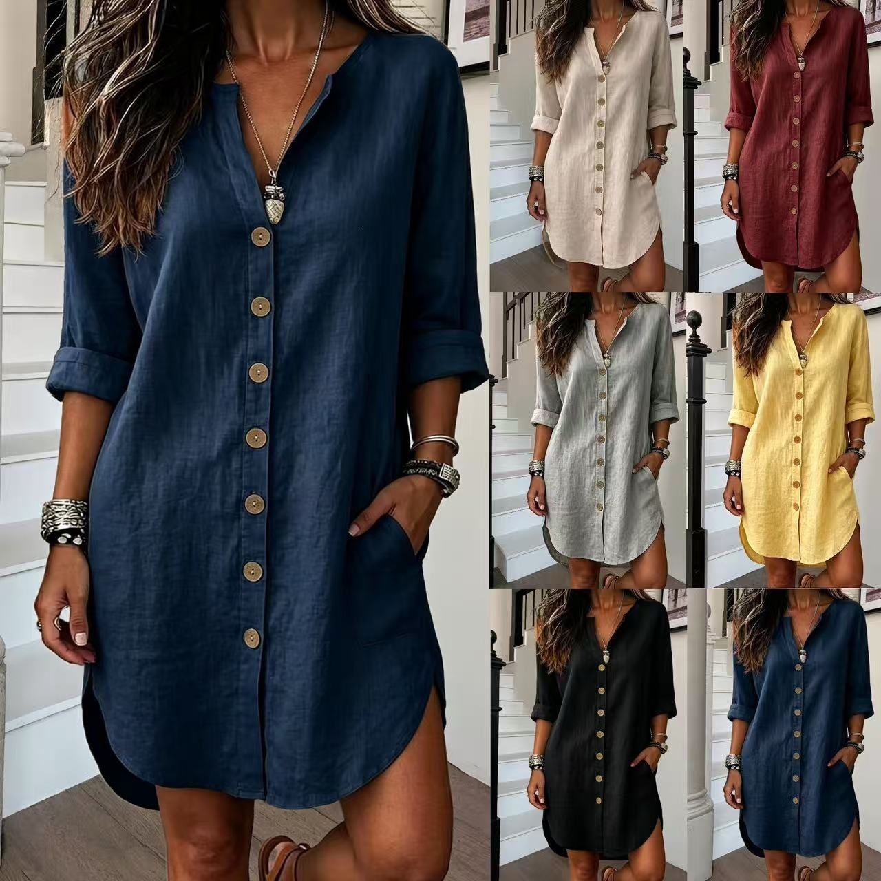 Solid-color V-neck Casual Shirt Long-sleeve Button-down Dress