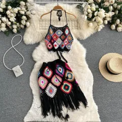 Bohemian Style Knitted Hollow Crocheted Halter Tube Top Short Skirt Two-piece Set - Black - View 1