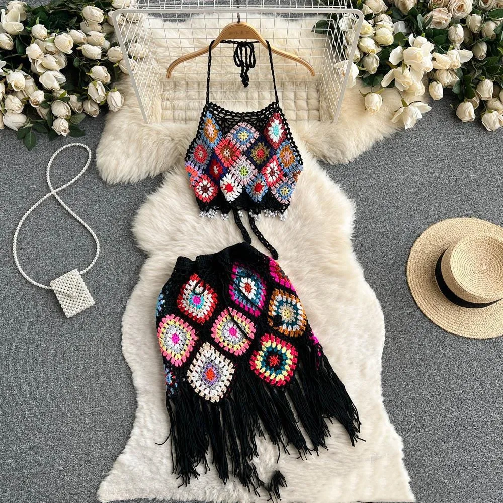 Bohemian Style Knitted Hollow Crocheted Halter Tube Top Short Skirt Two-piece Set - Black