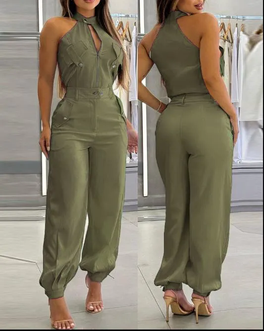 Halter Top Casual Working Pants Two piece Suit Army Green - Shop at LoveMi