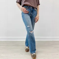 Ripped Jeans Slim-fitting Mid-waist Straight-leg Pants Distressed - Blue - View 1