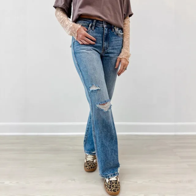 Ripped Jeans Slim fitting Mid waist Straight leg Pants Distressed Blue - Shop at LoveMi