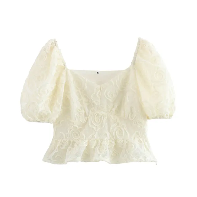 Pure White Embroidered Flowers Puff Sleeve Top White - Shop at LoveMi