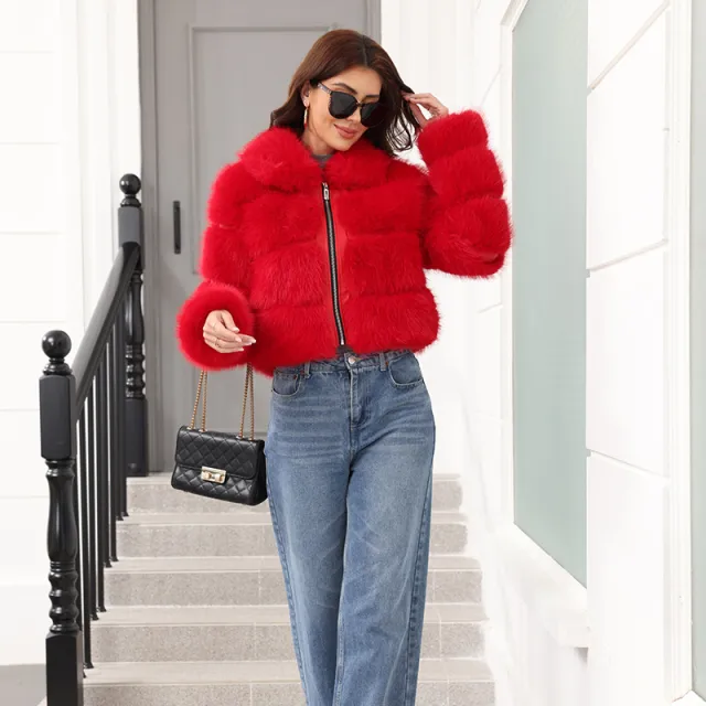 Faux Fox fur Patchwork Thickened Warm Fur Coat Red - Shop at LoveMi
