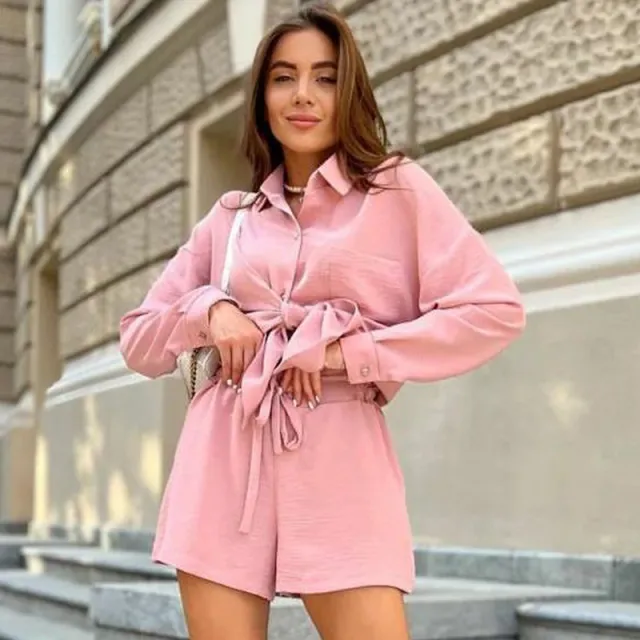 European And American Suit Women's Fashion Casual Linen Fabric Loose Shirt Lace up Summer Shorts Two piece Set Pink - Shop at LoveMi