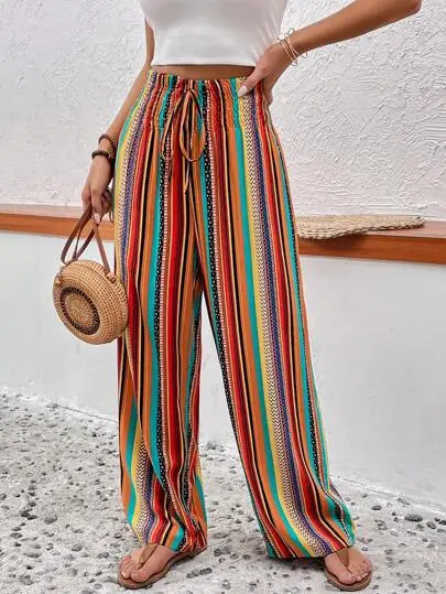 Multi color Stripe Women's Casual Pants Tied Elastic Waist Multicolor Regular - Shop at LoveMi