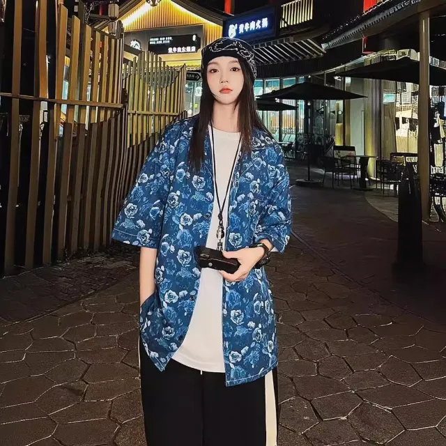 Thai style Cuban Collar Floral Print Short Sleeve Shirt Blue - Shop at LoveMi