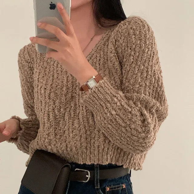 Korean Style Retro V neck Short Long Sleeve Knitted Sweater Khaki - Shop at LoveMi
