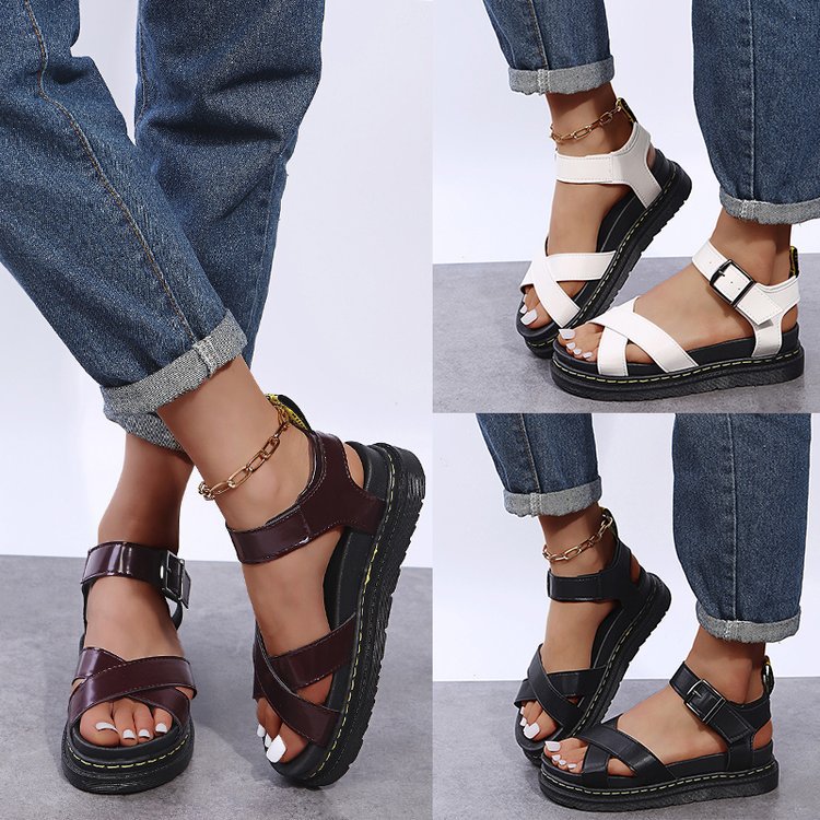 Platform Strappy Solid-color Buckle-strap Plus-size Sandals For Women