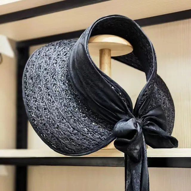 Women's Retro Ribbon Bowknot Sun Protection Visor Beach Straw Hat Black - Shop at LoveMi