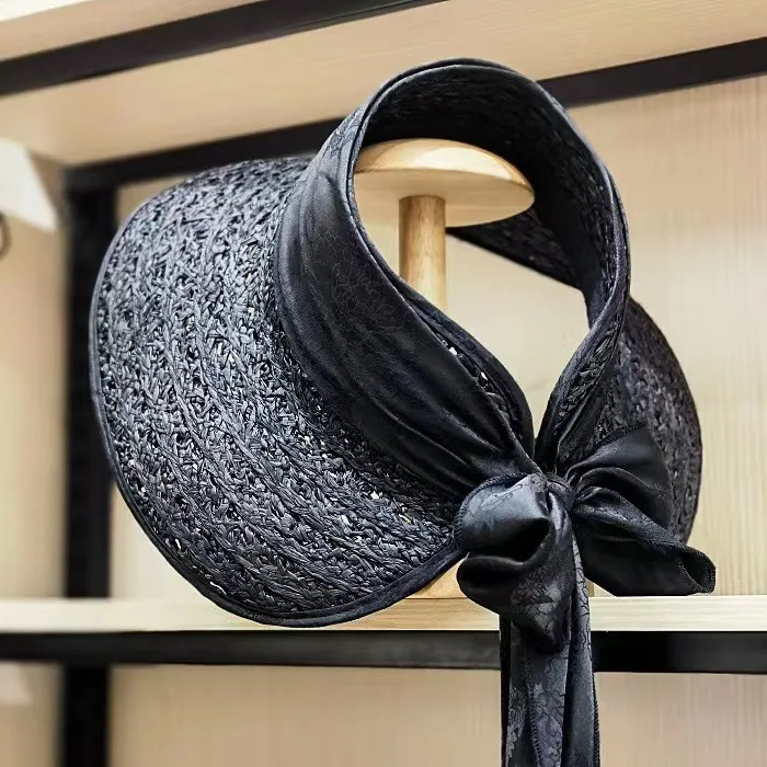 Women's Retro Ribbon Bowknot Sun Protection Visor Beach Straw Hat - Black