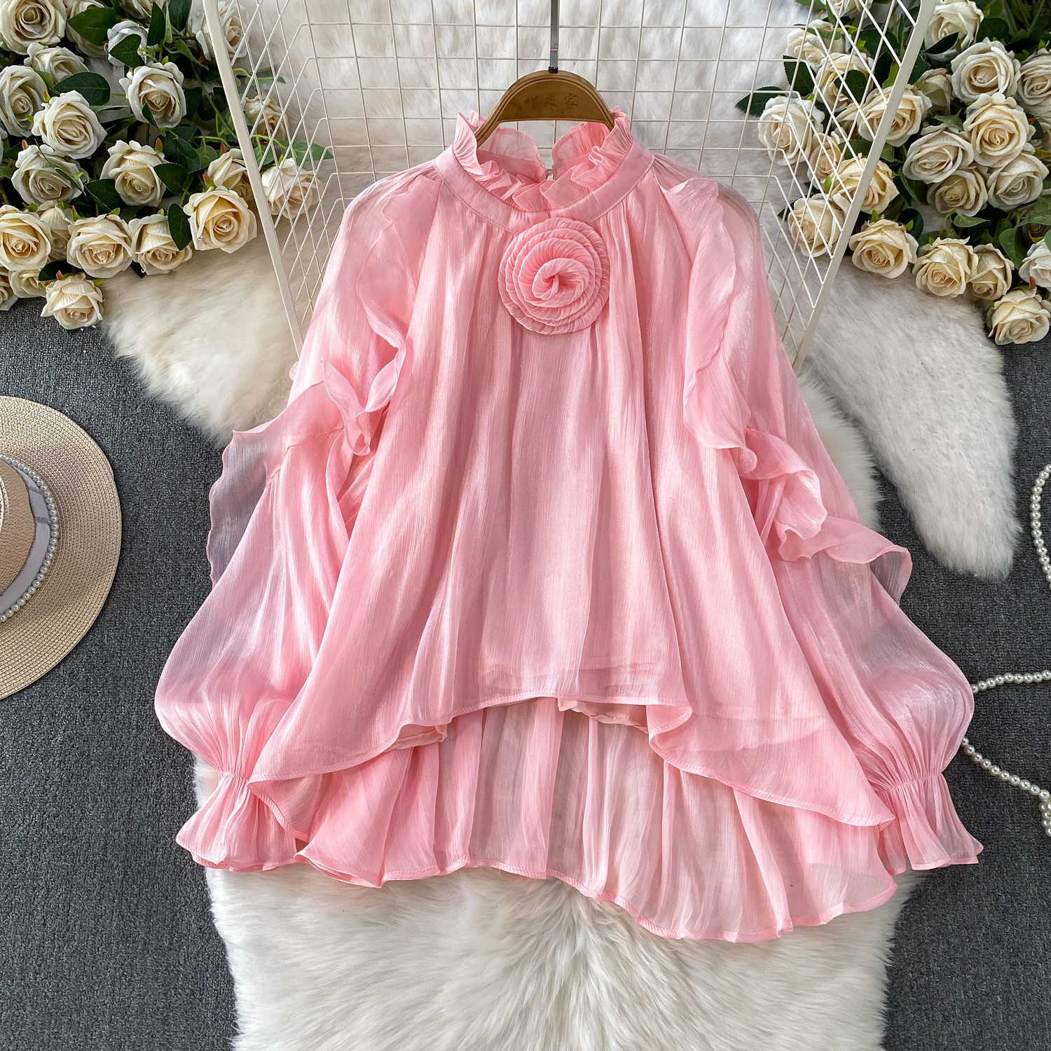 Gentle Elegant Floral Ruffled-edge Round-neck Blouse For Girls