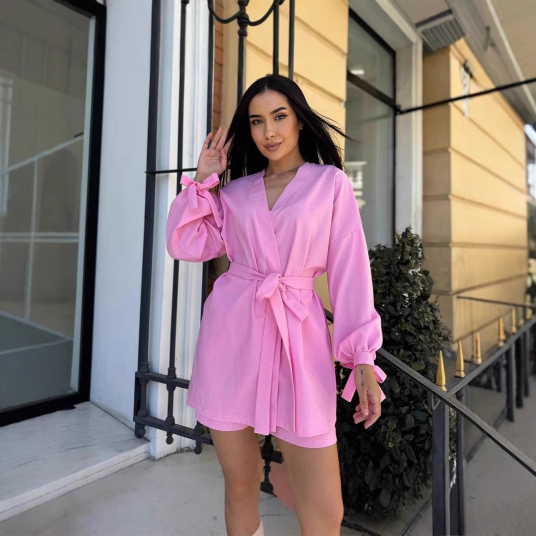 Lace-up Fashionable Top Casual Loose High Waist Shorts Two-piece Set