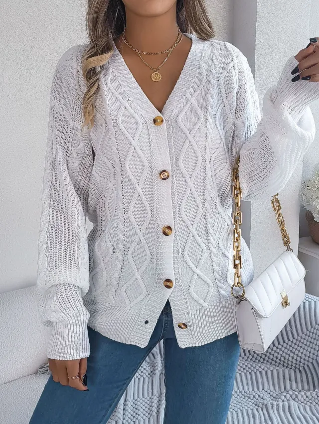 V neck Lantern Sleeve Twist Button Women's Sweater Coat White - Shop at LoveMi