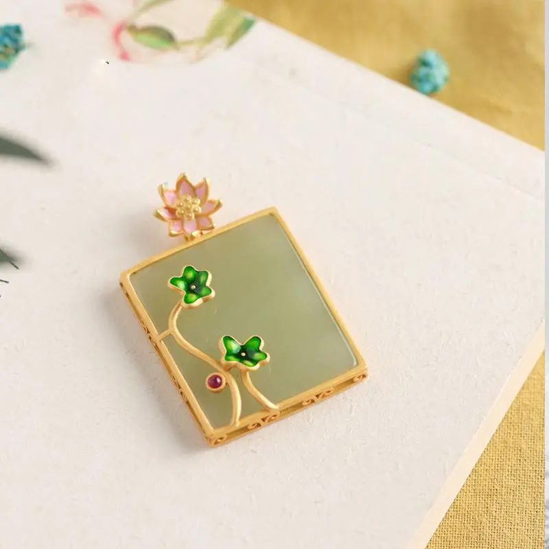 Hotian Jade Pendant Sterling Silver Enamel Lotus Classical Necklace For Women
