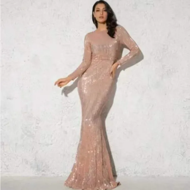 Sequined Long Sleeve Plus Size Vacation Style Dress Champagne - Shop at LoveMi