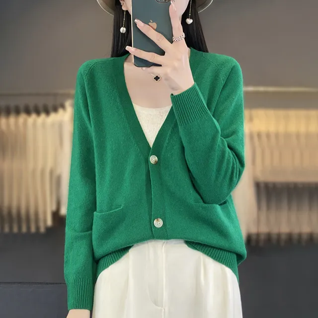 New Knitwear Cardigan Outer Wear Short Sweater With Pocket Coat Emerald - Shop at LoveMi