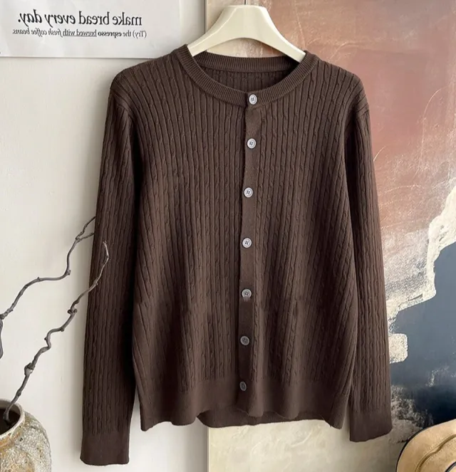 Core spun Yarn Embroidery Twist Soft Glutinous Knitted Cardigan Top Brown - Shop at LoveMi