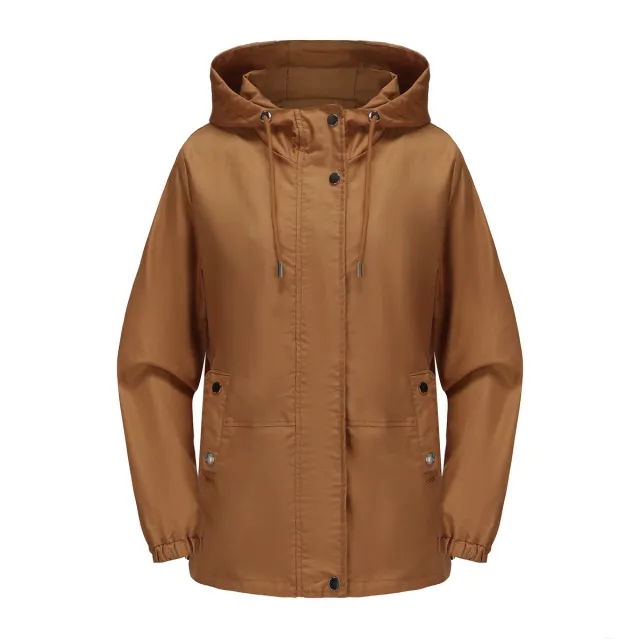 Women's Loose Windproof Jacket Hooded Long Sleeve Camel - Shop at LoveMi