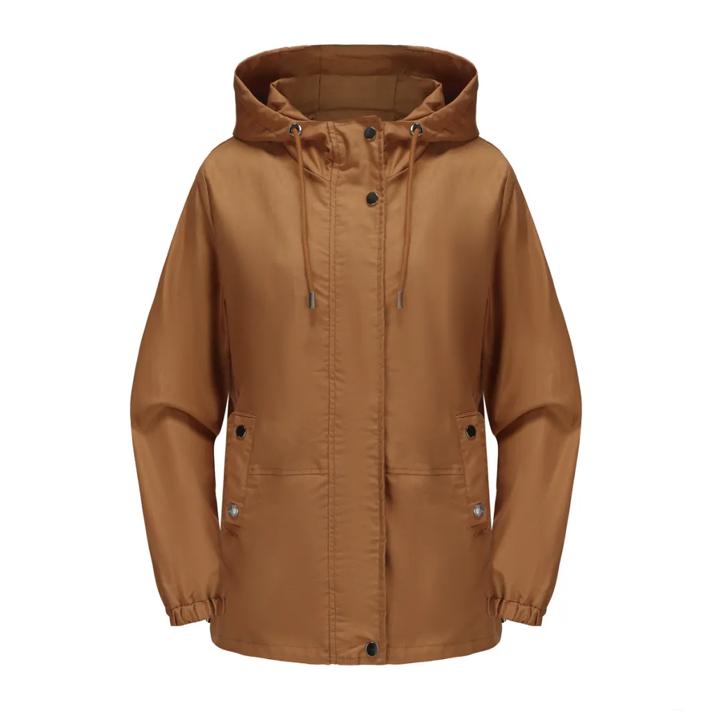 Women's Loose Windproof Jacket Hooded Long Sleeve - Camel