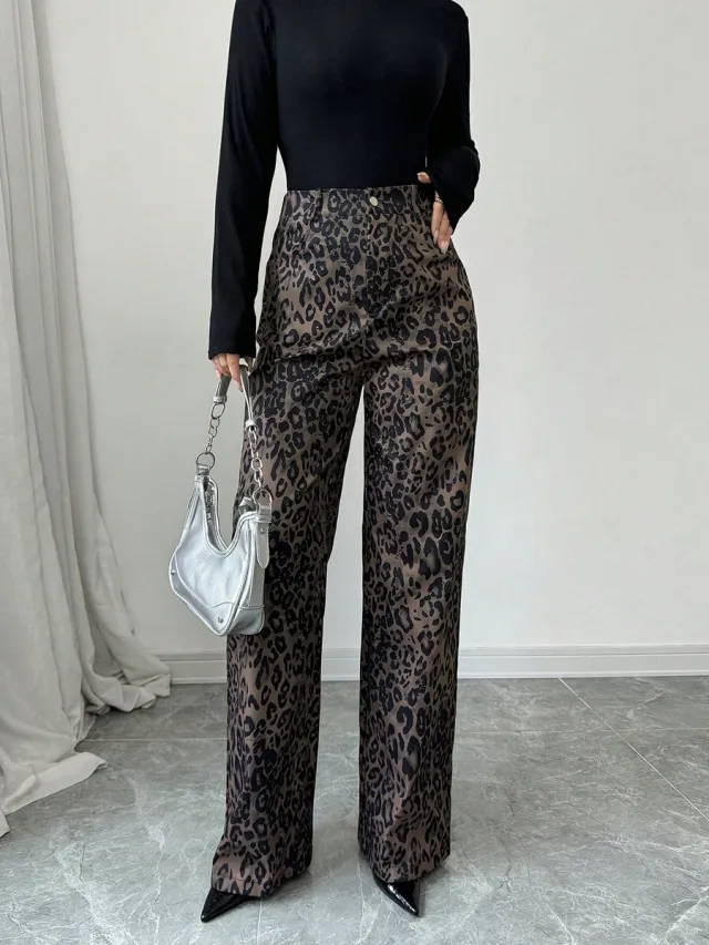 Autumn And Winter High waisted Leopard Print Wide leg Pants Brown - Shop at LoveMi