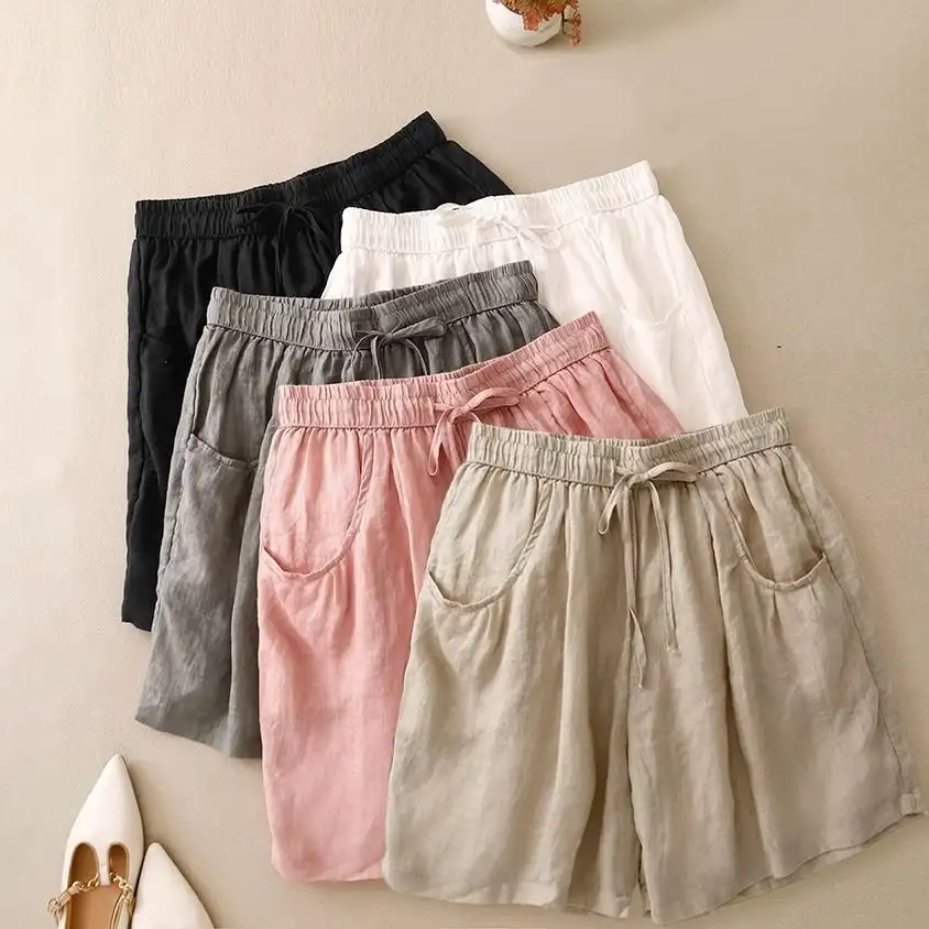 Elastic-waist Plus-size Cotton-linen Wide-leg Shorts For Women