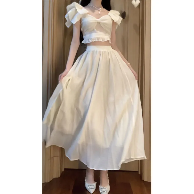 Korean Style High Waist Slit Skirt Two-piece Set - Top And Skirt