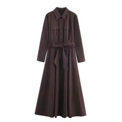 Fashionable Belted Shirt-style Dress For Women - Brown - View 1