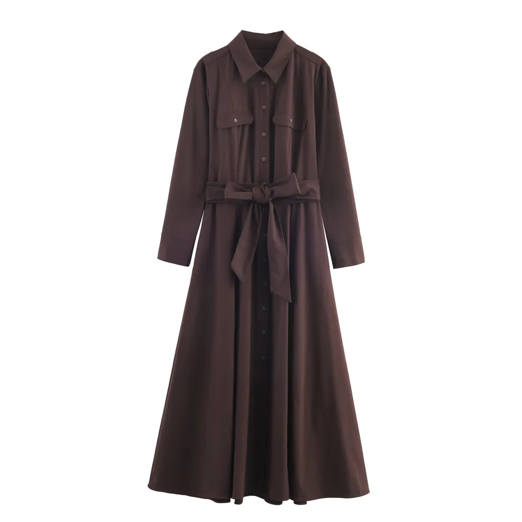 Fashionable Belted Shirt-style Dress For Women - Brown