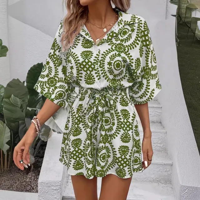 Pants Printed Collar Button Batwing Sleeve Casual Shirt Shorts Jumpsuit Green - Shop at LoveMi