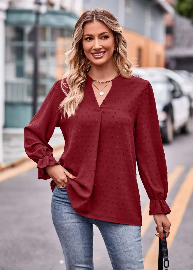 V neck Loose Long Sleeve Umbrella Sleeve Top Red - Shop at LoveMi
