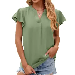 V-neck Ruffled Sleeve Solid Color Short Sleeve Chiffon Loose Top - Bean Green - View 1