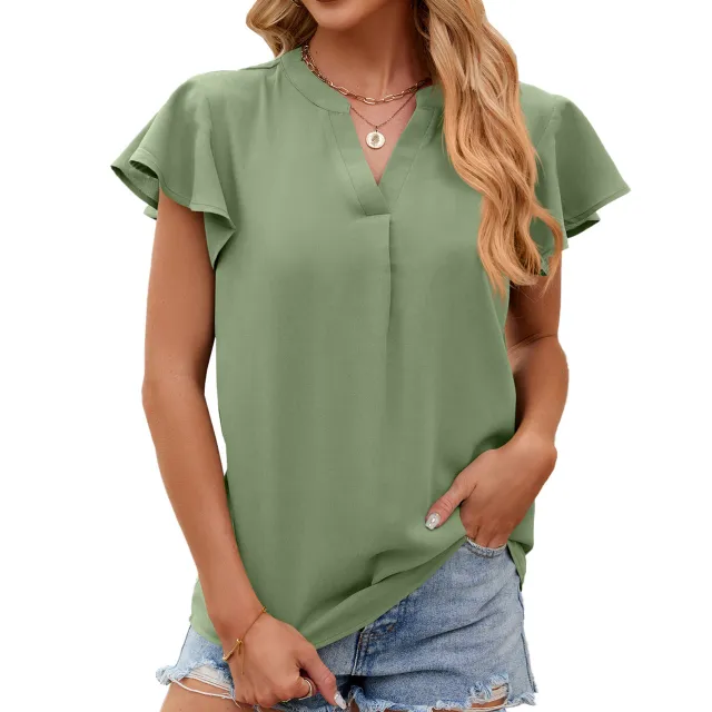 V neck Ruffled Sleeve Solid Color Short Sleeve Chiffon Loose Top Bean Green - Shop at LoveMi
