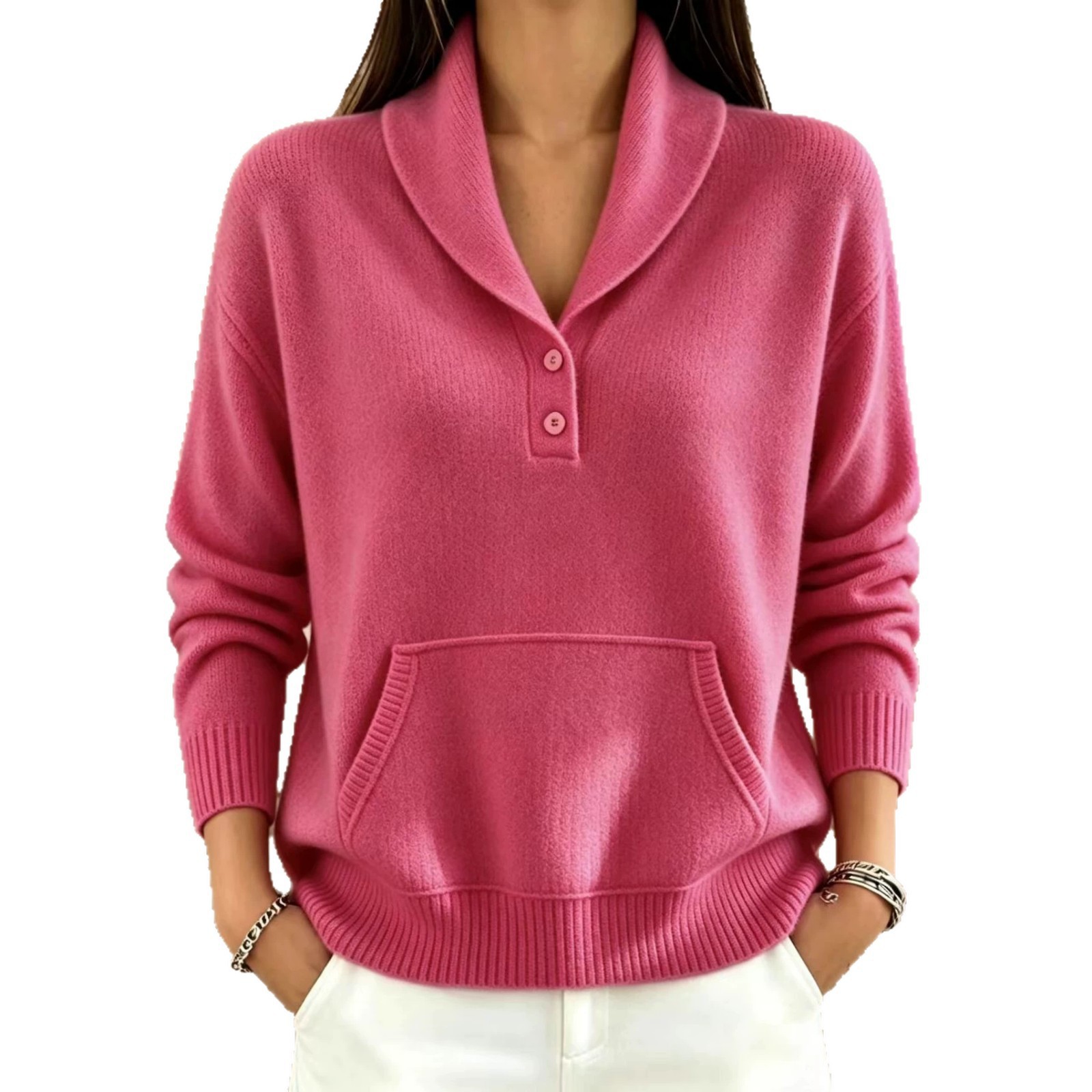 Suit Collar Button Kangaroo Pocket Sweater For Women 4