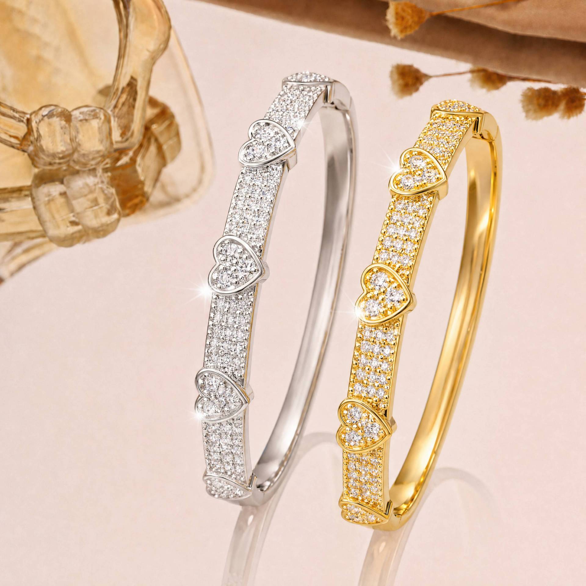 Three-dimensional Diamond-encrusted Heart Bracelet