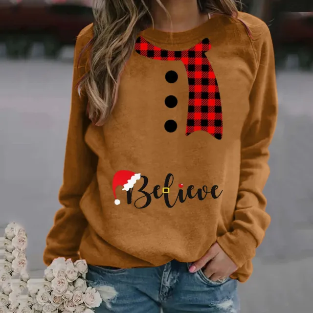 Christmas Pattern Printing Long Sleeve Crew Neck Sweater Women Khaki - Shop at LoveMi