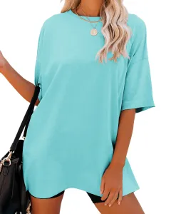Solid Color Loose Women's T-shirt Fashion Round Neck Plus Size Short Sleeve - Deep Water Blue - View 1