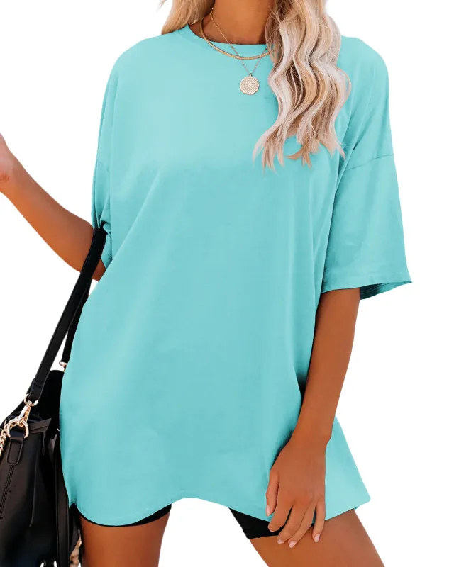 Solid Color Loose Women's T shirt Fashion Round Neck Plus Size Short Sleeve Blue - Shop at LoveMi